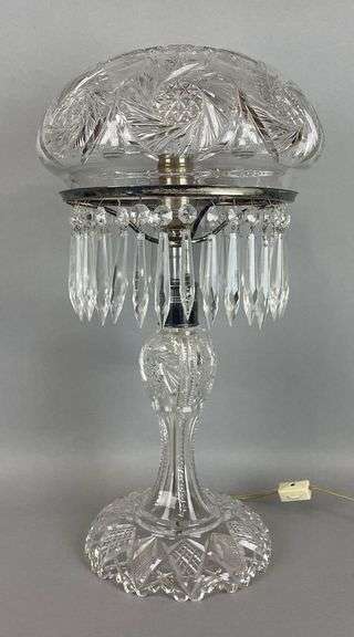 Antique American Brilliant Cut Glass Lamp with Crystals