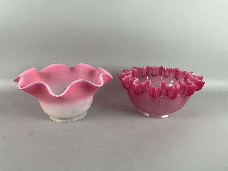 Group of 2 Antique Cranberry and Burmese Ruffle Glass Lamp Shades