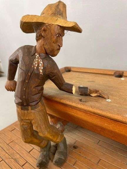 Artist Signed Folk Art Carved Wood Pool Player