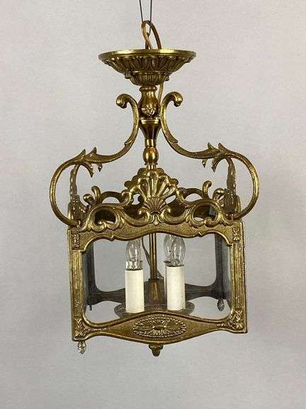 Antique Ornate Brass Hanging Light Fixture with Clear Glass Panels