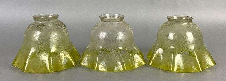 Group of 3 Antique Yellow Floral Etched Ruffled Glass Lamp Shades