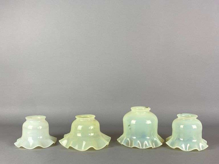 Group of 4 Antique Vaseline Ruffled Glass Lamp Shades