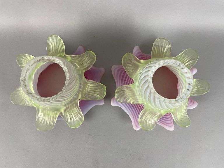 Group of 2 Antique Vaseline and Cranberry Opalescent Swirl Glass Tulip Shades