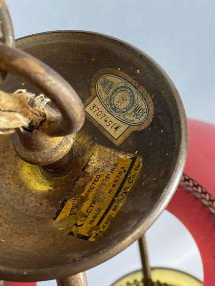 Antique Converted Red/Orange Enamel Metal and Brass Hanging Light