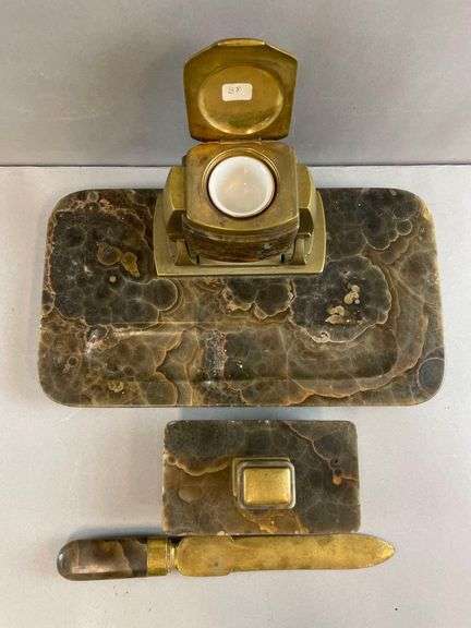 Art Deco Marble and Brass Desk Set