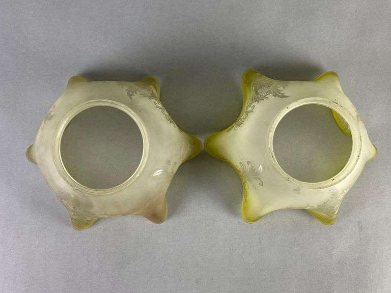 Group of 2 Antique Yellow Frosted Etched Angel Glass Lamp Shades