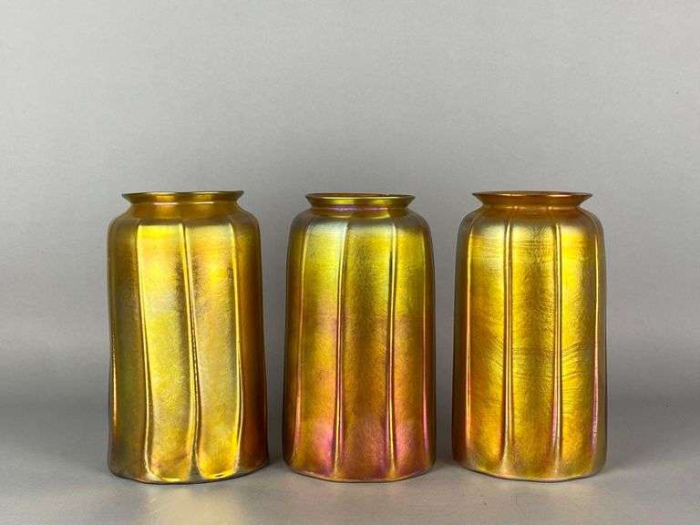 Group of 3 Antique Gold Favrile Ribbed Glass Lamp Shades