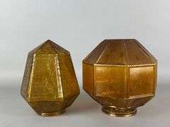 Group of 2 Antique Amber Paneled Glass Ceiling Fixture Lamp Shades