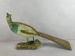 Vintage Folk Art Hand-Painted Wood Pheasant