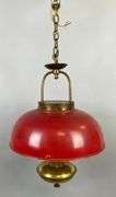 Antique Converted Red/Orange Enamel Metal and Brass Hanging Light
