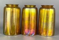Group of 3 Antique Gold Favrile Ribbed Glass Lamp Shades