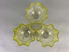 Group of 3 Antique Yellow Floral Etched Ruffled Glass Lamp Shades