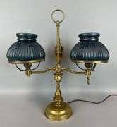 Antique Brass Double Student Lamp with Teal Shades
