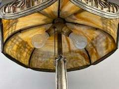 Antique Carmel Slag Glass 8-Panel Shade Table Lamp with Floral Motif
