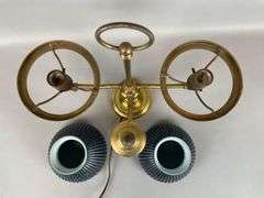 Antique Brass Double Student Lamp with Teal Shades