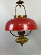 Antique Converted Red/Orange Enamel Metal and Brass Hanging Light
