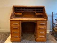American Antique Oak Scroll Roll-Top Desk