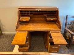 American Antique Oak Scroll Roll-Top Desk