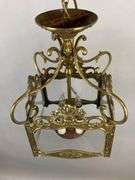 Antique Ornate Brass Hanging Light Fixture with Clear Glass Panels