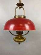 Antique Converted Red/Orange Enamel Metal and Brass Hanging Light