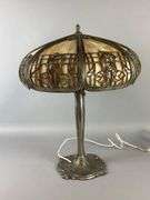 Antique Carmel Slag Glass 8-Panel Shade Table Lamp with Floral Motif