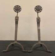 Antique Pair of Cast Iron Floral Medallion Andiron