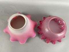 Group of 2 Antique Cranberry and Burmese Ruffle Glass Lamp Shades