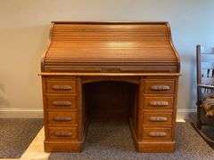 American Antique Oak Scroll Roll-Top Desk