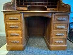 American Antique Oak Scroll Roll-Top Desk