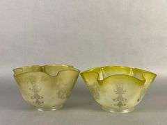 Group of 2 Antique Yellow Frosted Etched Angel Glass Lamp Shades