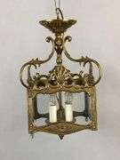Antique Ornate Brass Hanging Light Fixture with Clear Glass Panels