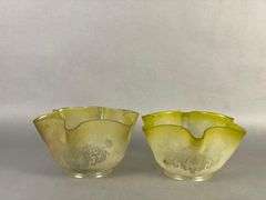 Group of 2 Antique Yellow Frosted Etched Angel Glass Lamp Shades