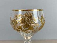 Antique Hand Painted Gold Floral Motif Twist Stem Wine Glass