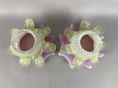 Group of 2 Antique Vaseline and Cranberry Opalescent Swirl Glass Tulip Shades