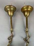 Pair of Antique Brass Oendant Lamps with Vaseline Glass Shades