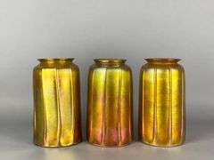 Group of 3 Antique Gold Favrile Ribbed Glass Lamp Shades