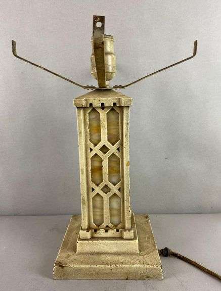 Antique Mission Style Metal and Slag Glass Table Lamp