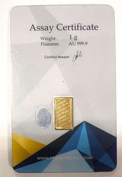 Money Metal 1 Gram .9999 Fine Gold Bar in Assay