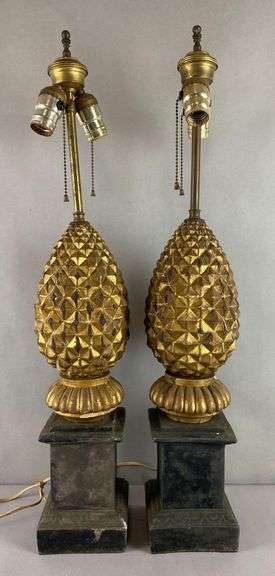 Group of 2 Antique Wood and Cement Acorn Table Lamps