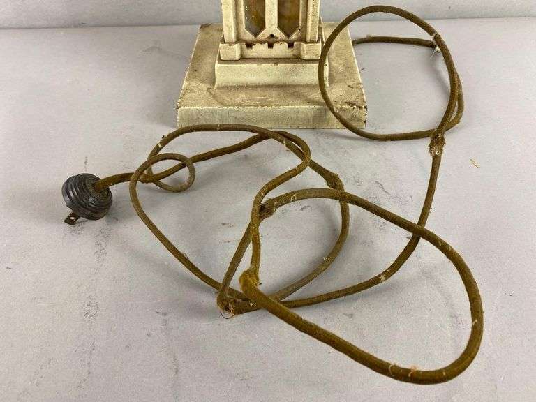 Antique Mission Style Metal and Slag Glass Table Lamp