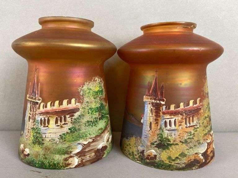 Set of 2 Marigold Carnival Glass Lamp Shades with Castle Wall Motif
