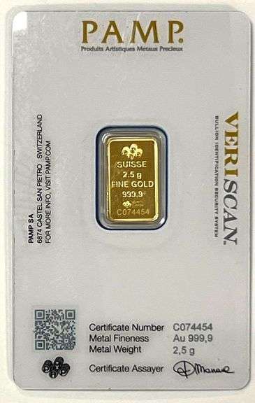 Pamp Suisse 2.5 Gram .9999 Fine Gold Bar in Assay Fortuna Lady
