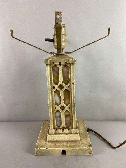 Antique Mission Style Metal and Slag Glass Table Lamp
