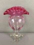 Vintage Cranberry Glass Ruffled and Ribbon Edge Footed Vase