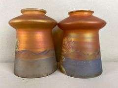 Set of 2 Marigold Carnival Glass Lamp Shades with Castle Wall Motif