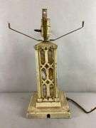 Antique Mission Style Metal and Slag Glass Table Lamp
