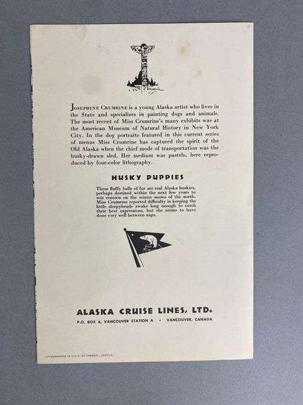 Group of Alaska Cruise Lines Dog Lithograph Menua