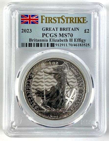 2023 First Strike Great Britain Elizabeth II 2 Pound PCGS Graded MS70 Britannia 1 oz .999 Fine Silve