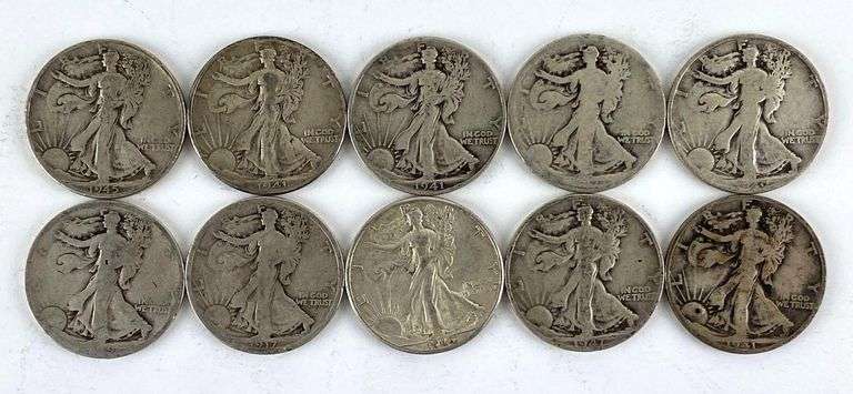 Group of 10 Walking Liberty 90% Silver Half Dollars