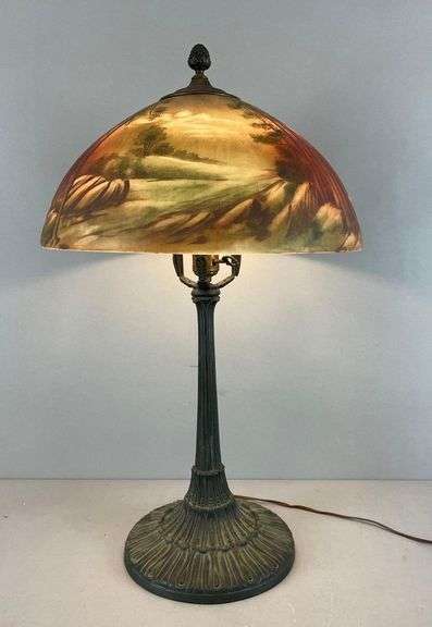 Antique Cast Iron Table Lamp with Painted Glass Shade